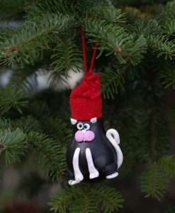 Glob brad pisica neagra, model handmade, pictat manual, ornament festiv pentru brad